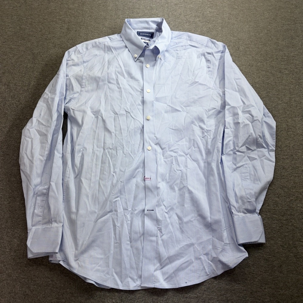 Crown And Ivy Men's Dress Shirt Slim Fit Blue Stretch Wrinkle Free 16–16.5 Large